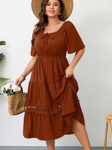 RWJ Women's Plus Size Maxi Dress Short Sleeve Square Neck Flowy A-Line Lace Trim Flutter Party Casual Off Shoulder Dresses3