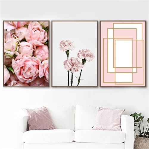 Carteles Botánicos de Rosas Rosadas Set de 3 Láminas Geométricas de 60x70cm Sin Marco
