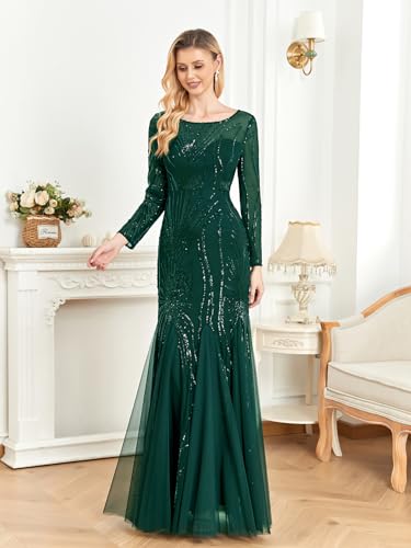 Image of Long Sleeve Sequin Evening Dress Glitter Mermaid Long Gown for Mother of The Bride Or Wedding Guest
