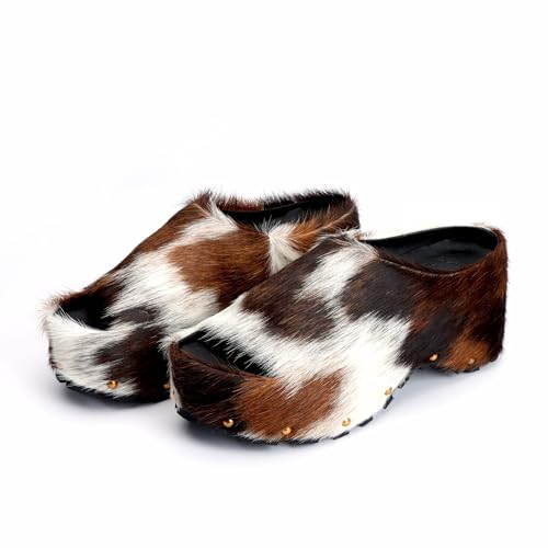Image of XOBZJH Long-Hair Calfskin Chunky Clog Slide for Women - Memory Foam Luxury Slip on Shoes Women's Mules & Platform Clogs,Designer Mules for Women 2025