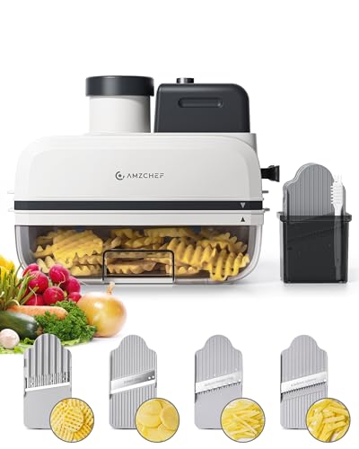 AMZCHEF Cortador de Verduras Eléctrico 5 en 1, Mandolina Eléctrica y Robot de Cocina, Cortador de Patatas Waffle, Cuchillas de Acero Inoxidable, Boca Ancha, Apto para Lavavajillas, Fácil de Limpiar