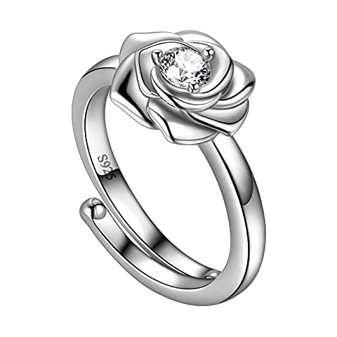 Elegant 3D Flower Rose Ring Adjustable Wedding Engagement Promise Rose Ring 925 Sterling Silver Rose Flower Wrap Open Ring Romantic Gifts for Wife Girlfriend's Valentine Day Gifts Xmas Gifts FR0045W Cover