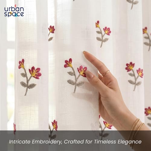 Image of Urban Space Cotton Sheer Curtain Pack of 1, Embroidered Semi Transparent Window Curtains 5 feet for Living Room, Bedroom & Balcony, 1 Pc Curtain with Eyelets and Tieback (Neerja Dark Pink - 5 feet)