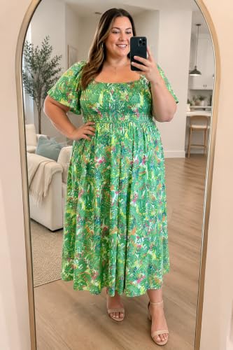 Image of RITERA Plus Size Dresses for Curvy Women Square Neck Short Sleeve Summer Floral Smocked Maxi Dress with Pocket XL-5XL