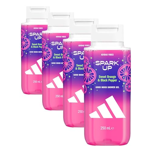 adidas Vibes Spark Up Gel douche, 250 ml, lot de 4, notes d’orange sucrée et de poivre noir, parfum unisexe
