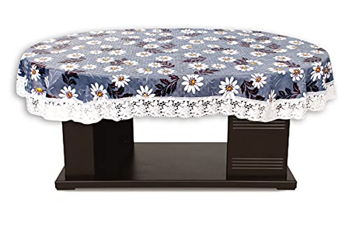 Image of The Furnishing Tree Waterproof PVC Oval Shaped 10 Seater Table Cover WxL 60x120 inches Floral Pattern Blueish Grey with White Border lace