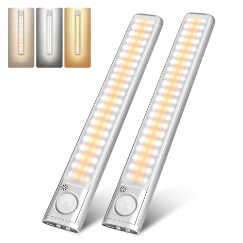 Image of Under Cabinet Lighting, 80 LED Motion Sensor Light Indoor, Rechargeable Closet Light, 3 Color Temps Under Cabinet Lights, Wireless Dimmable Under Counter Lights For Kitchen, Pantry (2 Pack)