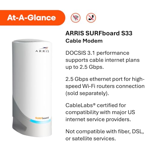 Image of ARRIS SURFboard S33 DOCSIS 3.1 Multi‑Gig Cable Modem | 2.5Gbps + 1Gbps Ethernet Ports | Works with Xfinity, Cox, Spectrum | For Cable Internet Plans up to 2.5Gbps | Modem Only, Router Required