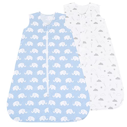 Image of david's kids 100% Cotton Baby Sleep Sack 0-6 Months, Soft Baby Wearable Blankets with 2-Way Zipper, 2 Pack Comfy Sleeping Bags for Infant Newborn Boys Girls Neutral, Small Size, Elephants & Clouds