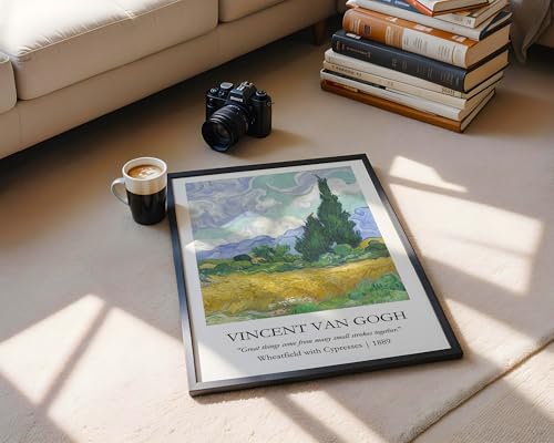 Image of Waltractive Vincent Van Gogh Paintings Framed Poster with Beautiful Quotes - Available in 33x22 and 48x33 CM - Classic Art Poster with sleek Black Frame - Elegant Home and Office Decor (Wheatfield with Cypresses, 9x13 Inch, Framed)
