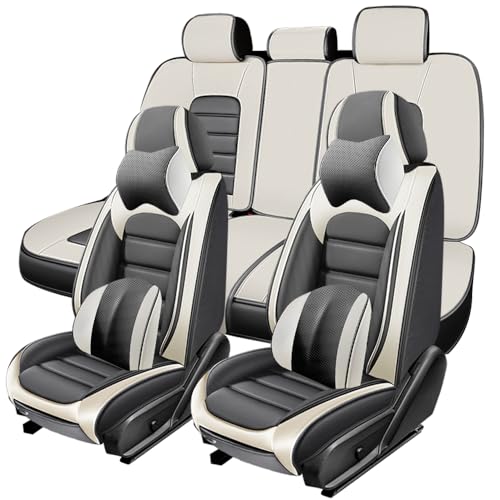 Image of 5 Seat Covers for Hyundai Santa Fe XL 2001-2024,Premium Nappa Leather Car Seat Covers Car Seat Cushions,Waterproof Soft Seat Covers for Cars,Interior Accessories with Airbag（Luxury-Gray&White）