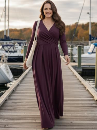 Image of KOH KOH Womens Long Sleeve V-Neck Flowy Modest Elegant Evening Maxi Dress