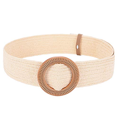 Women’s Belts w Elastic Woven Straw | Tropical Wide Woven Stretch Waist Belt| Womens Belts w Round Wood Buckle | Summer Dress Belt for Women | Large Square Buckle Waist Belt(Beige A,Waist below 36 )