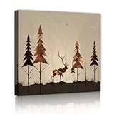 ウッドランド ディア フォレスト キャンバス プリント 素朴な抽象的な壁アート 北欧の家の装飾 オフィス ラウンジやモダン ダイニング ルーム 50x50cm インナーフレームに吊るす準備ができています