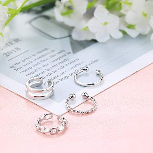 Milacolato 4Pcs 925 Sterling Silver Ear Cuff Small Cartilage Hoop Lip Nose Ring Adjustable Fashion Jewelry for Women Non Piercing Earrings