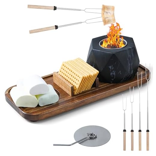 ZUJJAFY Tabletop Fire Pit Smores Maker Kit - Portable Outdoor & Indoor Fire Pit Tabletop with 4 Smores Sticks and Wooden Tray, Small Table Top Firepit Mini Fireplace for Home Patio Balcony Decor