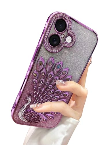 Image of mobistyle Designed for iPhone 16,3D Diamond Luxury Electroplate Glitter Peacock Tail Bling Design Camera Protection Shockproof Phone Back Cover Case for (Pink, iPhone 16)