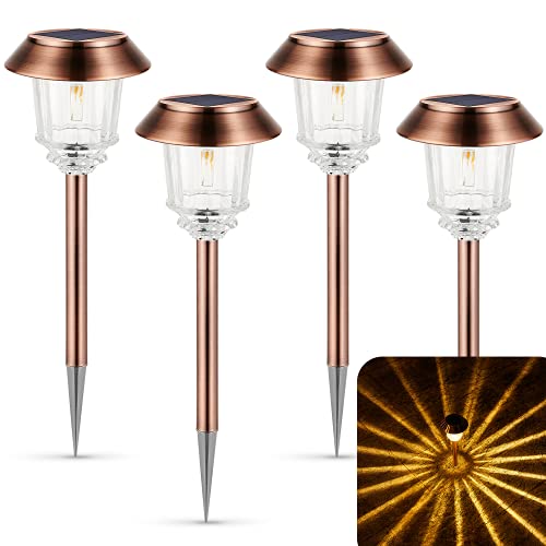 XMCOSY+ Solar Lights Outdoor Waterproof, 4 Pack Solar Lights for Outside, 10-40 LM Dimmable LED Glass Outdoor Solar Lights for Yard Pathway Garden Lawn Driveway Walkway (Warm White) Copper 4