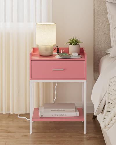 Image of Masupu Nightstand with Charging Station,3-Tier Modern Bedside Night Stand with Storage Drawer and Shelf,Small End Side Table for Bedroom,Living Room,Pink and White