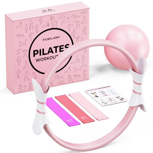 Fuelion Pilates Ring Set Pilates Kit with 14 Magic Circle Dual Padded Handles 9.8 Mini Ball 3 Resistance Bands(15 25 35 lbs) Pump&Workout Guide Pilates Equipment for Strength Flexibility Toning