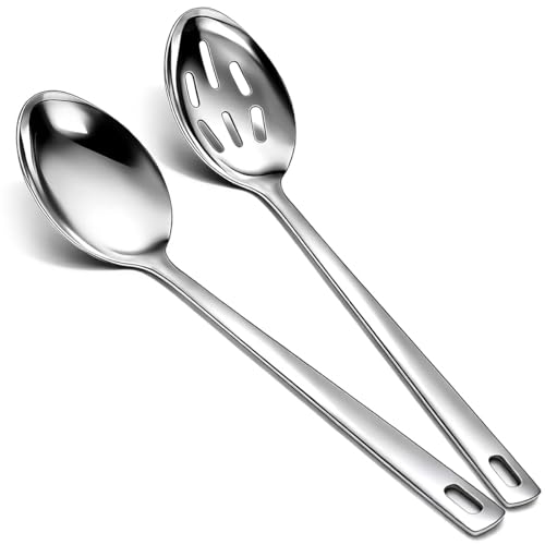 Kyraton Lot de 2 cuillères de cuisine en acier inoxydable pour frire, mélanger, servir, égoutter, retourner et remuer.