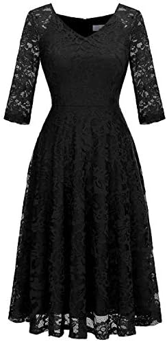 Dressystar Long-Sleeve A-Line Lace Bridesmaid Dress Midi for Wedding Formal Party XL Black
