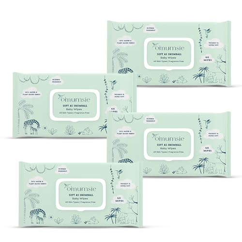 Image of Omumsie 99% Pure Water (Unscented) Baby Wipes | Made With Thickest Plant Based Cotton Fibers | 60 pcs per pack (1 count (Pack of 4), 4.00, count)