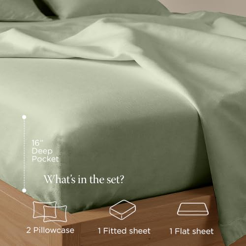 Image of Threadmill 300TC Cotton King Sheet Set, Sateen, Solid, Sage Green, 4-Piece | 100% Cotton, Sateen Weave, 4-Piece Set, 16 inch Deep Pocket, Fade-Resistant, Breathable, All-Season, Lightweight