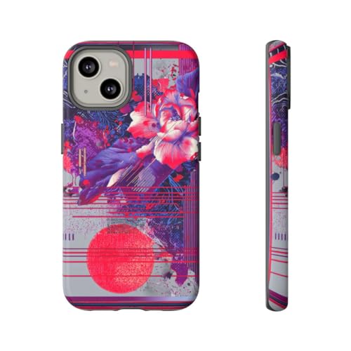 Coque iPhone 14 violette géométrie florale abstraite et néon