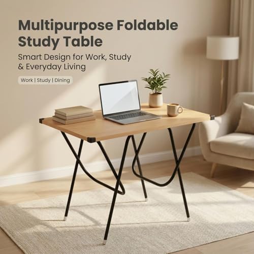 Image of Mighty Home Multipurpose Foldable Study Table | Laptop Desk for Home & Office | 2-Seater Dining Table | Portable Design | Safe Corner Protection | Engineered Wood Top & Metal Frame | Beige