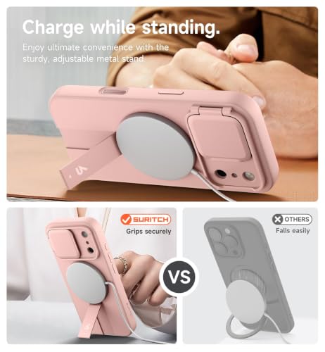 Image of SURITCH for iPhone 17 Pro Case with Camera Control Cover, Camera Cover and Adjustable Kickstand, Compatible with MagSafe, Shockproof Bumper Protective Cases 6.3 Inch, Pink