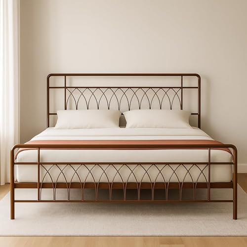 Image of Jexx Metal King Size Bed Without Storage | Wrought Iron Double Bed with Headboard & Footboard | Sturdy Powder Coated Platform Bed King Size Cot for BedroomLivingRoom Brown (75x72)