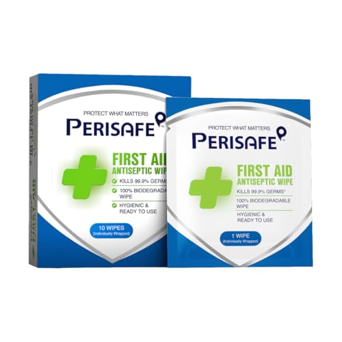 Image of PERISAFE First Aid Antiseptic Wipes| Individually wrapped | 3-in-1 on the go wipe | Kills 99.9% germs | 100% Biodegradable | Hygienic & ready to use | Cleans wounds & Prevents infection | 10 wipes Box