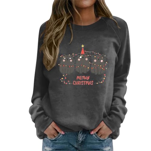 Pull de Noël chat pour femme, sweatshirt gris parfait pour les fêtes en famille