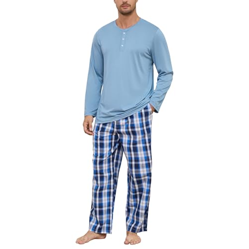 Vulcanodon Mens Pajama Set Long Sleeve, Pajamas Made from Bamboo Pulp Viscose and Cotton Lightweight PJS for Men(Grey Blue+Royal Blue Plaid, L)