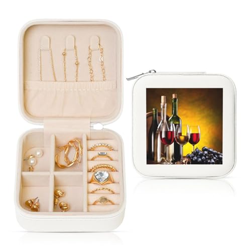 Grapes Wine Bottles And Drink Print Caja de joyería cuadrada compacta pero espaciosa para mujer, anillos, aretes, collares, pulseras