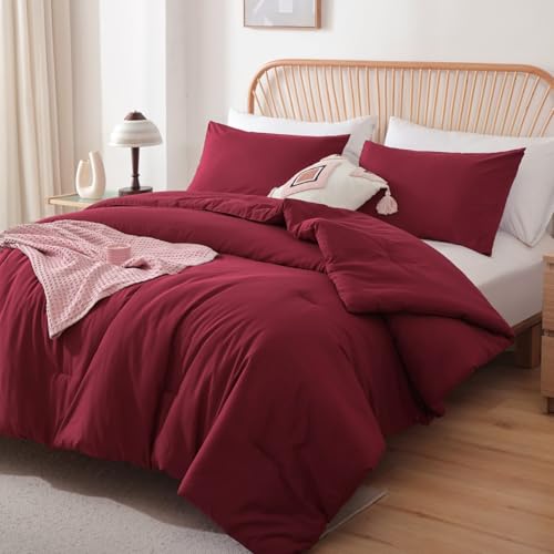 Image of ROSGONIA Oversized King Comforter Dark Red, 3pcs (1 Boho Red Comforter & 2 Pillowcases) Lightweight Oversized King Size Comforter Sets Bedding Blanket