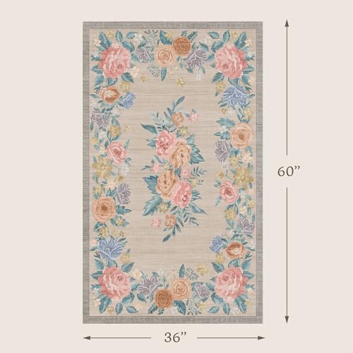 Tapete decorativo floral beige lavable 3x5 pies miniatura 2