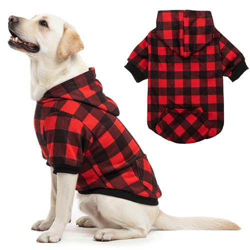 PAWNISAW Dog Hoodie, Plaid Christmas Warm Dog Sweatshirt with Pocket for Cold Weather, Winter Fall Pet Hooded Clothes for for Small, Medium, Large & XL Dogs, Cats (S-XXL)