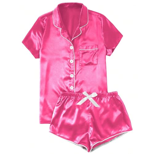 Image of Generic Silk Pajamas for Women Set Button down Short Sleeve Tops Shorts 2 Piece Pjs Set Comfy Cute Summer Sleepwear Loungewear Pijamas Para Mujer, Medium, A01_pink