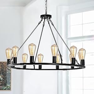 PUZHI HOME 12 Lights Wagon Wheel Chandelier 35.4″ Black Wagon Wheel Light Fixture Farmhouse Round Dining Room Chandeliers High Ceiling Lighting for Kitchen Island Foyer Living Room Entryway