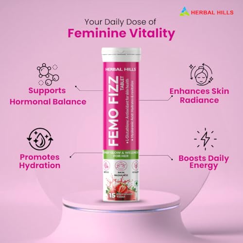 Image of Herbal Hills Femo Fizz Women's Daily Fitness Effervescent Tablet with L-Glutathione & Hyaluronic Acid for Glowing Skin - 15 Effervescent Tablets (Pack of 1)