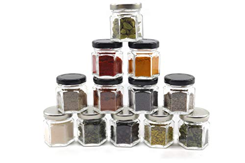 Image of Cute Hexagonal 50 Grams Airtight Glass Jar Containers for Honey, Spices & Other Kitchen Items with Rust Proof Black & Silver Color Caps -Set of 12