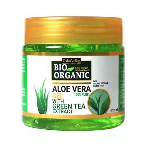 INDUS VALLEY Bio Organic Pure Multipurpose Aloe Vera Gel With Green Tea Extract For Face, Body & Hair,For Glowing & Soothing Skin, Anti-Ageing & Acne, Suitable to All Skin Type (175ml)