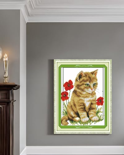 Image of CaptainCrafts Cross Stitch Kits for Adults Stamped Cross Stitch Printed 14CT Fabric Cross Stitching DIY Art DMC Needlecrafts Embroidery Kit for Adults (Stamped 14CT, Cat and Poppy) | Printed Fabric, Cat and Poppy Cross Stitching, DIY Hand Embroidery, Relaxing Crafts, Home Decor