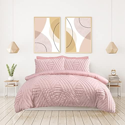 Sleepdown Geometric Textured Tufted Diamond Blush Pink Duvet Cover Quilt Pillow Cases Bedding Set Soft Easy Care - King (230cm x 220cm)