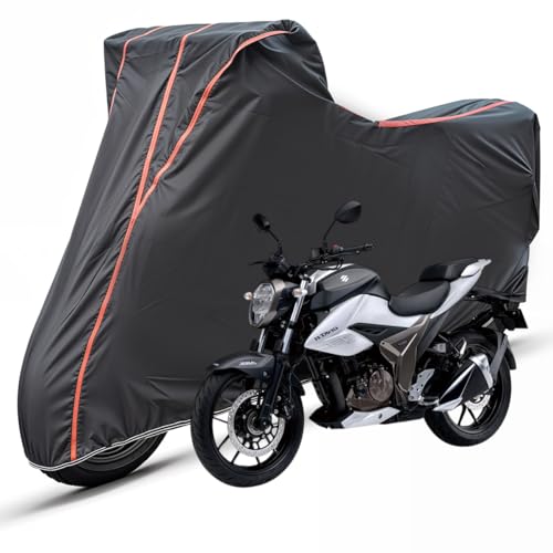Image of Two Wheelers Bike Body Cover Compatible for Suzuki Gixxer, UV Resistant, Dustproof, Triple Stitched, Elastic Bottom, Red Piping Motorcycle Cover (Black, Pack of 1)