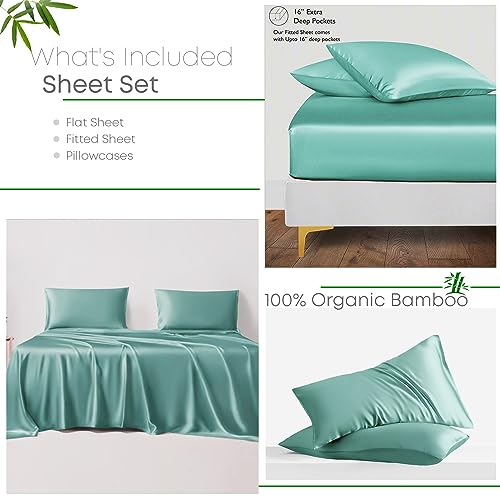 LINENWALAS Bamboo King Bedding Set, 300 Thread Count Cooling Sateen Weave Silk Sheets with 1 Fitted, 1 Flat & 2 Pillowcases (Aqua) - Image 2