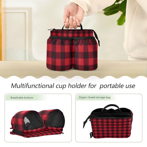 Image of Luggage Cup Holder for Suitcases Free Hands Suitcase Cup Holder Travel Luggage Drink Holder Portable Luggage Cup Caddy Bag Carrier with Handle Red and Black Buffalo Plaid