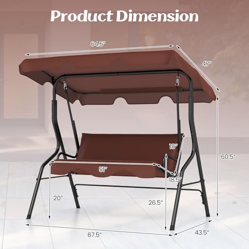 Image of Tangkula 3 Person Porch Swing, Patio Swing with Removable Cushion & Powder-Coated Steel Frame, Outdoor Swing with Canopy for Porch, Backyard, Garden, Balcony (Coffee)